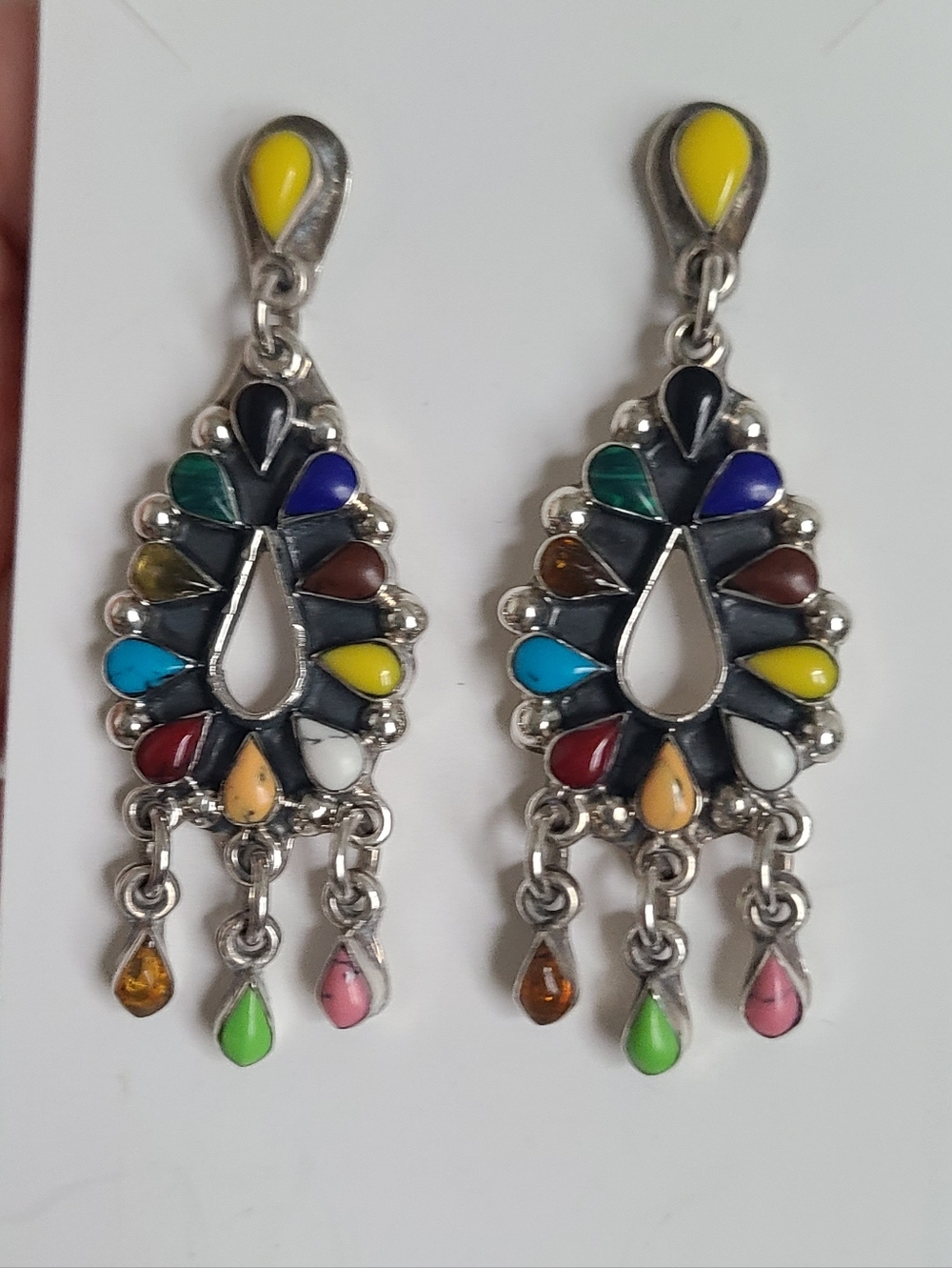 Vintage Rare HOB Boho Western Mexico Multi Stone Colourful Drop Dangle Earrings